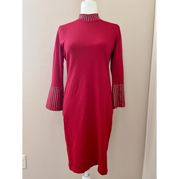 Calvin Klein Women's Red Mock Neck Studded Bell Sleeve Sheath Dress Size Medium - Picture 2 of 7